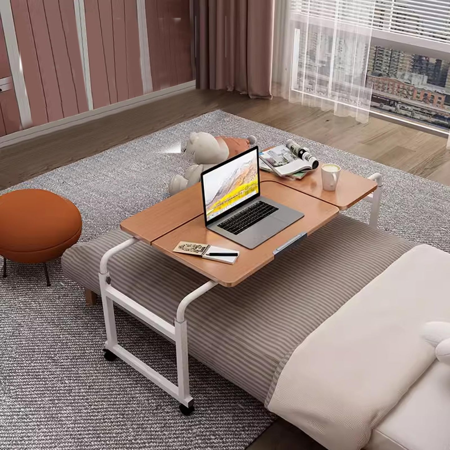 Extendable Rolling Mobility Table Over Bed,Overbed Table, Over The Bed Desk, Over Bed Table with Wheels Adjustable Height, Rolling Desk for Bed, 8-Level Adjustable, Tiltable Tablet