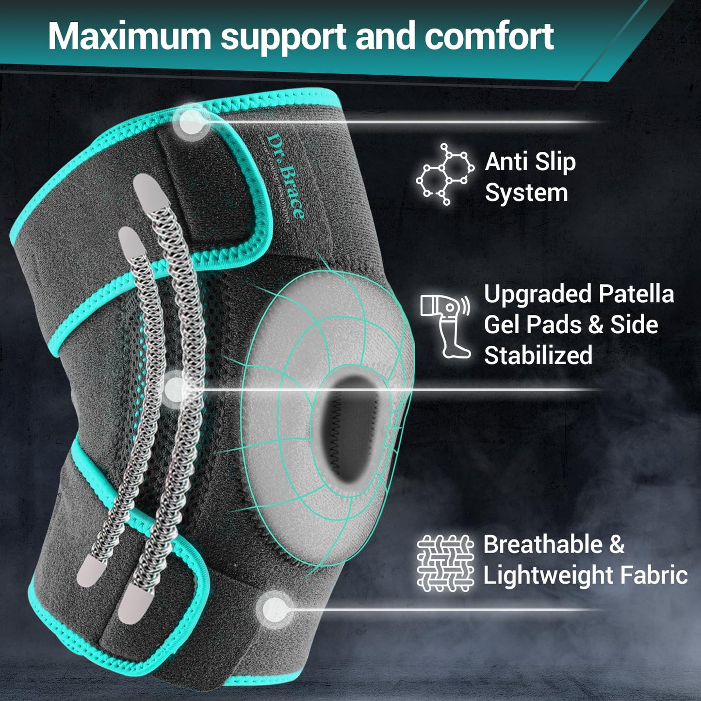 DR. BRACE ELITE Kniebandage mit Seitenstabilisatoren & Patellagelkissen für maximale Knieschmerzlinderung und schnelle Genesung für Männer und Frauen – Bitte sehen Sie sich das Video zur Größenbestimmung an (Mercury, Large)