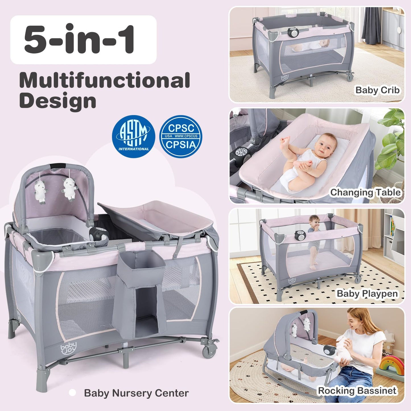 BABY JOY 5 in 1 Pink Pack and Play, Portable Baby Playard with Bassinet & Changing Table, Infant Pink Girl Bassinet Center w/Hangings & Music & Oxford Bag for Baby Toddlers (Rose, Dot Circle)