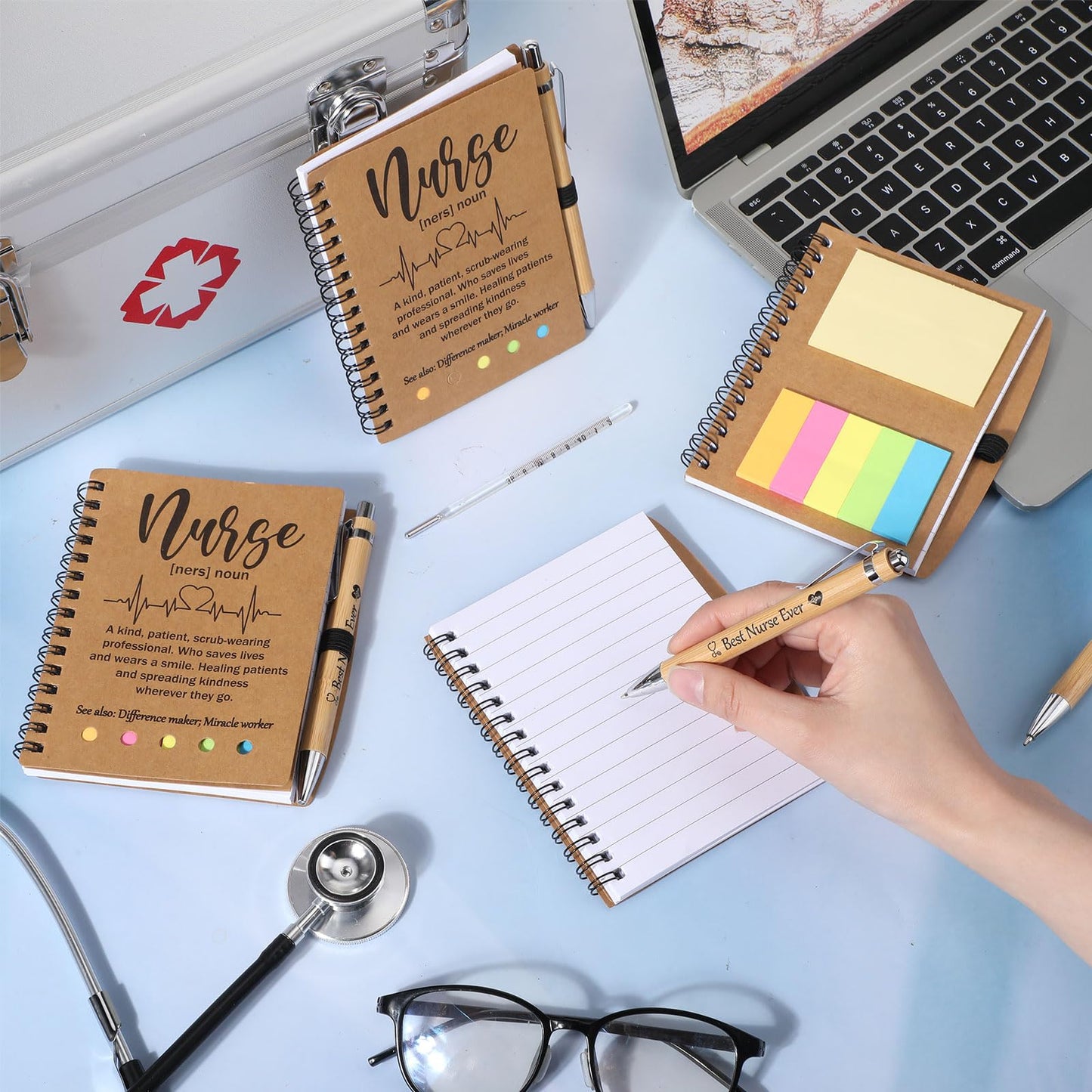 Skyygemm 48 Sets Nurse Appreciation Gifts Bulk 2026 Thank You Gift Notebook with Sticky Notepad Index Tabs with Bamboo Ballpoint Bulk for Nurse Week Medical Graduation Party