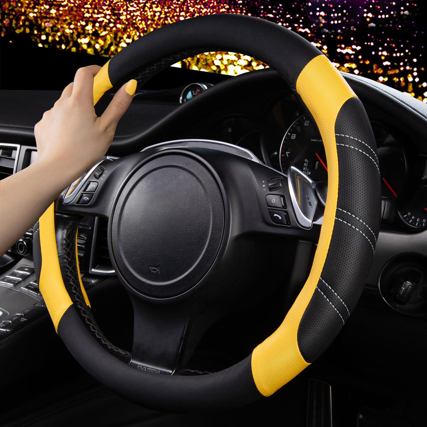 CAR PASS Line Rider Mikrofaser-Leder Sportlicher Lenkradbezug Universal Passend für 95% LKW, SUV, PKW, 36,8-38,1 cm Rutschfest Sicher Bequem Design (Schwarz-Grau)