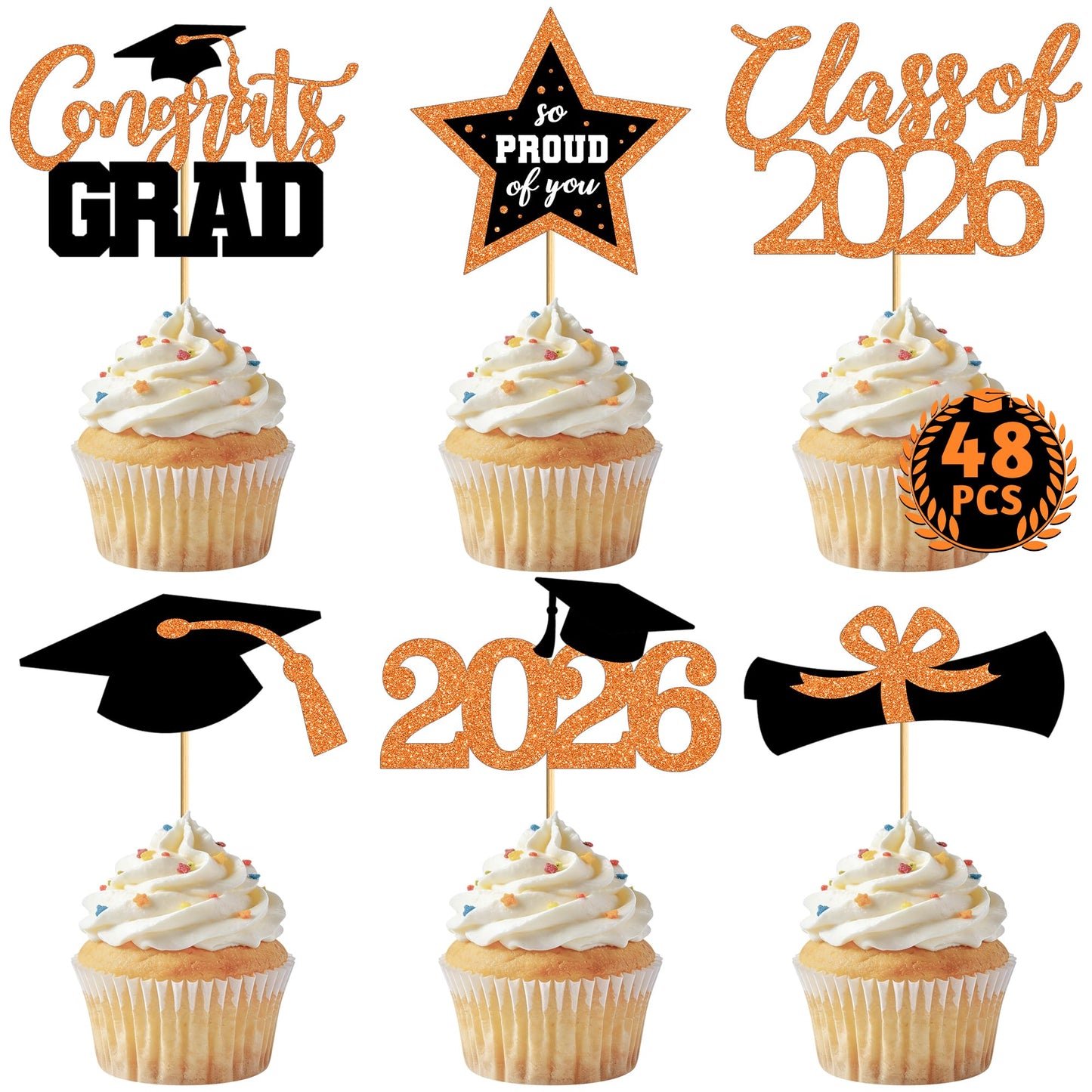 48 PCS Graduation Cupcake Toppers, 6 Styles Congrats Grad Cake Topper, Black and Gold Graduation Decorations 2026, Glittery Cap and Diploma Cake Picks for Grad Party Decor Supplies