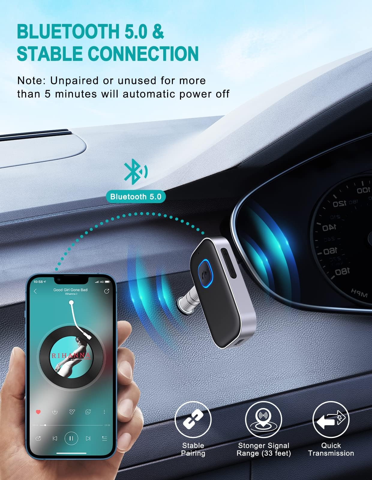WOCBUY Bluetooth Auto Adapter, WOCBUY 3.5mm AUX Bluetooth Empfänger für Musik-Streaming, kabelloser Musik Audio Adapter mit integriertem Mikrofon, für Heim Stereoanlagen, Lautsprecher (Freisprecheinrichtung, 16 Std. Spielzeit)