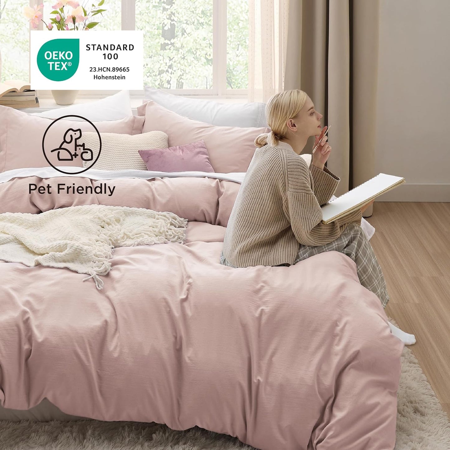 Funda nórdica blanca Bedsure, tamaño Queen, 3 piezas, aspecto de algodón prelavado, juego de cama extrasuave, incluye 1 funda nórdica de 228 x 228 cm con cierre de cremallera y 2 fundas de almohada, edredón no incluido