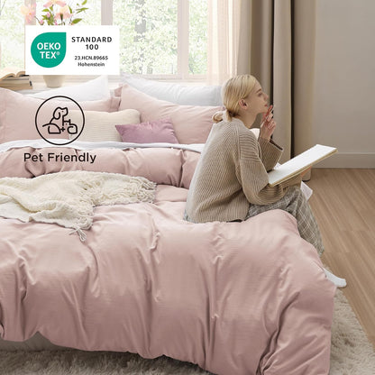 Funda nórdica blanca Bedsure, tamaño Queen, 3 piezas, aspecto de algodón prelavado, juego de cama extrasuave, incluye 1 funda nórdica de 228 x 228 cm con cierre de cremallera y 2 fundas de almohada, edredón no incluido