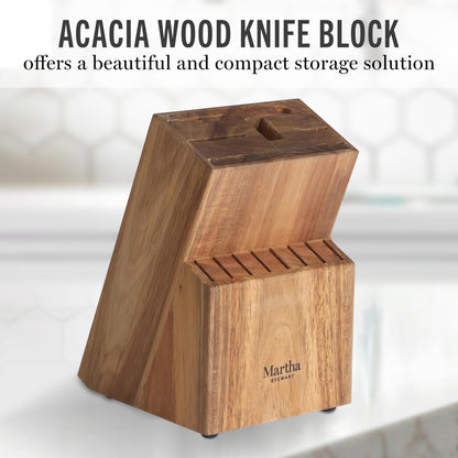 Martha Stewart Knife Block Set 16-Piece - Lockton High Carbon Stainless Steel Forged Full Tang Chef Knives, Acacia Wood Block, Triple Riveted Handles, Linen White & Gold