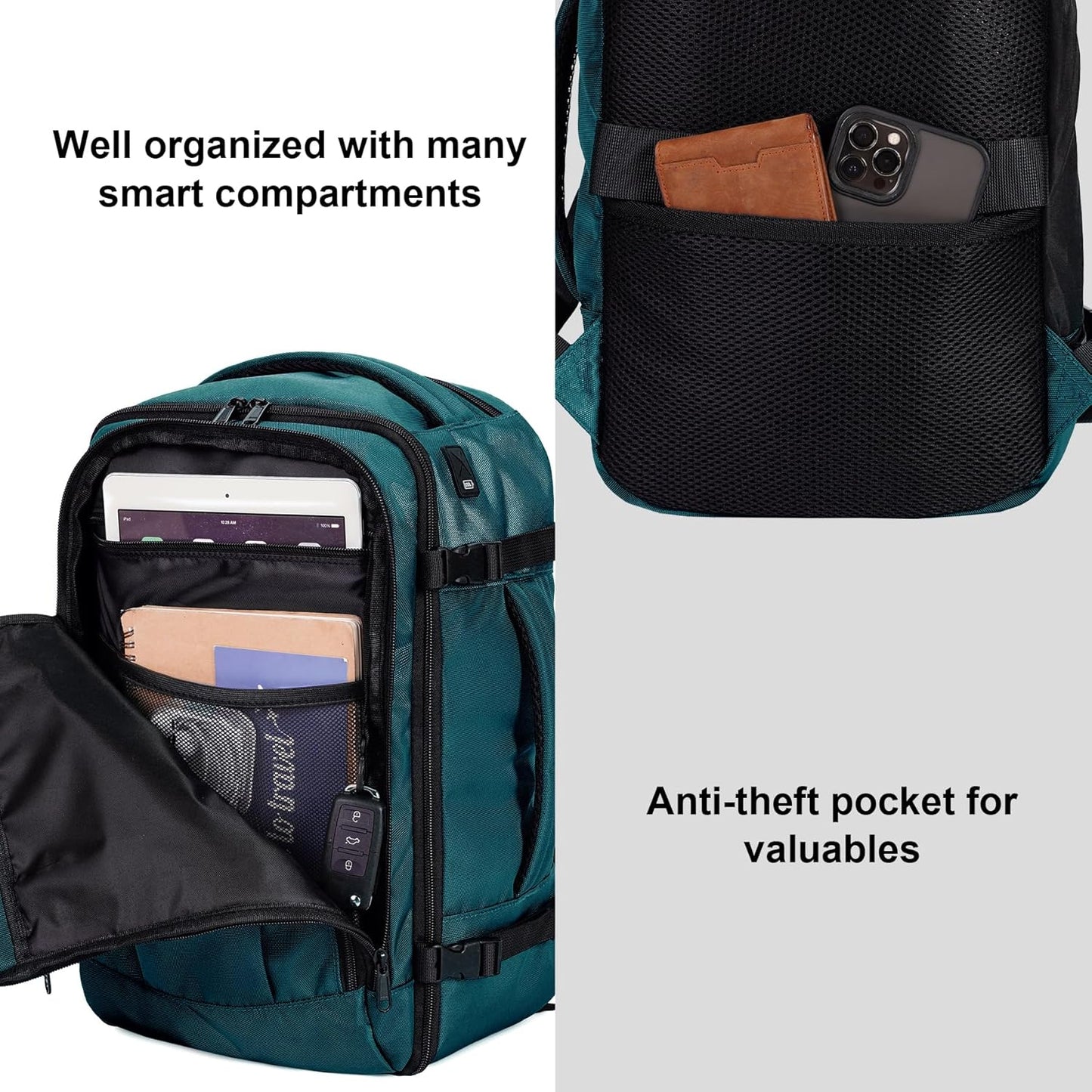 ECOHUB 16'' Reise-Rucksack Handgepäck Unterseat-Rucksack Persönlicher Gegenstand Flugzeug-Reisetasche mit 13 Taschen Handgepäck Flaschenhalter USB-Ladeanschluss Casual Daypack für Frauen Männer Schwarz