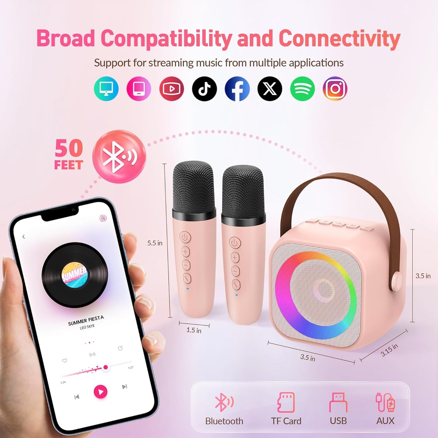 Mini Karaoke Machine for Kids Adults, Portable Bluetooth Speaker with 2 Wireless Microphone, Birthday Gifts for Girls Boys Ages 4, 5, 6, 7, 8, 9, 10, 12+ Years Old (Pinkcolor)