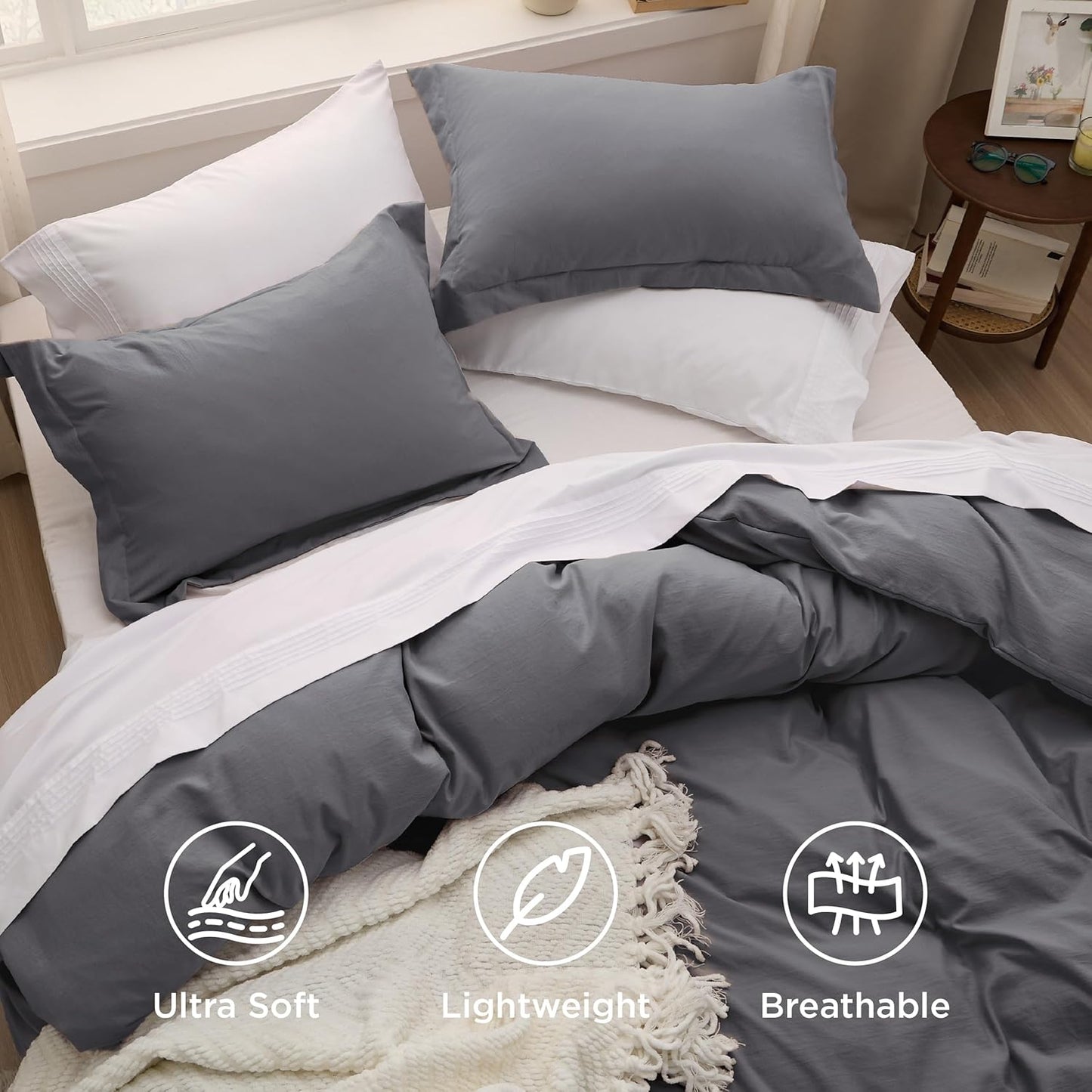 Funda nórdica blanca Bedsure, tamaño Queen, 3 piezas, aspecto de algodón prelavado, juego de cama extrasuave, incluye 1 funda nórdica de 228 x 228 cm con cierre de cremallera y 2 fundas de almohada, edredón no incluido