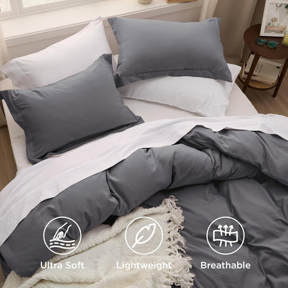 Funda nórdica blanca Bedsure, tamaño Queen, 3 piezas, aspecto de algodón prelavado, juego de cama extrasuave, incluye 1 funda nórdica de 228 x 228 cm con cierre de cremallera y 2 fundas de almohada, edredón no incluido