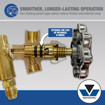 Mastercool 59161 2-Way Heavy Duty Brass Manifold Gauge Set with 3 1/8" Silicone Dampened Gauges and 1/4" SAE Fittings for R410a, R22, R404A - U.S. Assembled & Tested with 60" Hoses