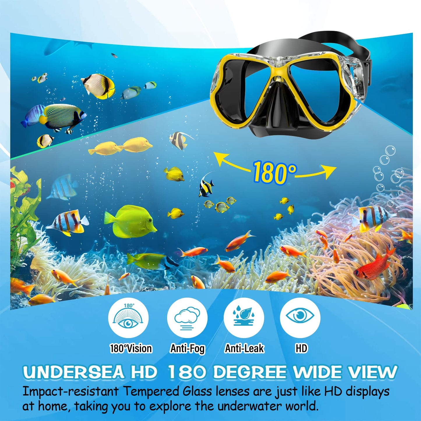 Greatever Dry Snorkel Set,Panoramic Wide View Anti-Fog Scuba Diving Mask,Professional Snorkeling Gear for Adults Kids