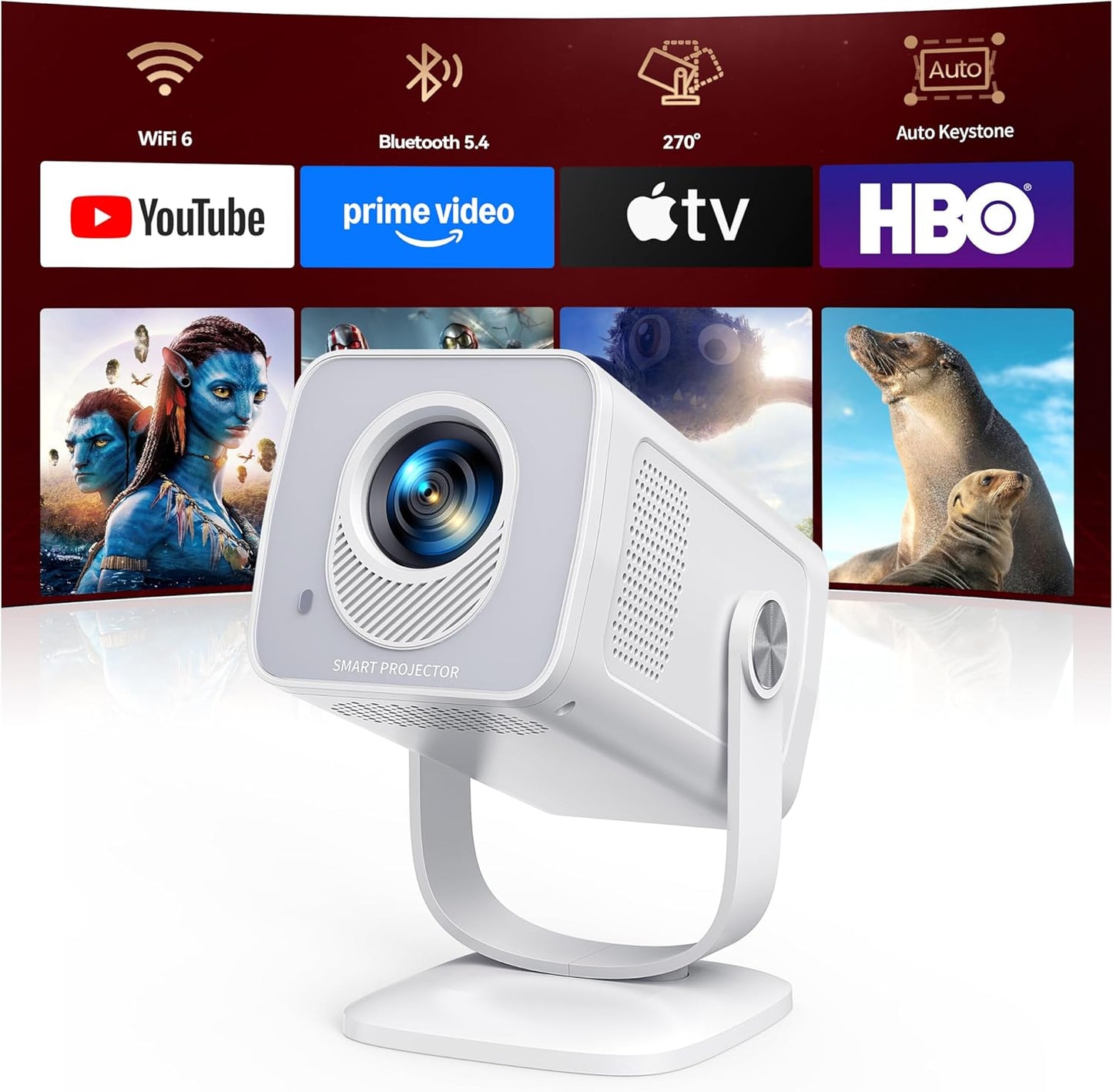 【Built-in Apps | Short Throw】Mini-Projector with WiFi6 and Two-Way Bluetooth5.4, 4K 1080P Support Portable-Projector, Auto Keystone 270° Rotation Outdoor Movie-Projecteur for Phone/HDMI/TV Stick,White