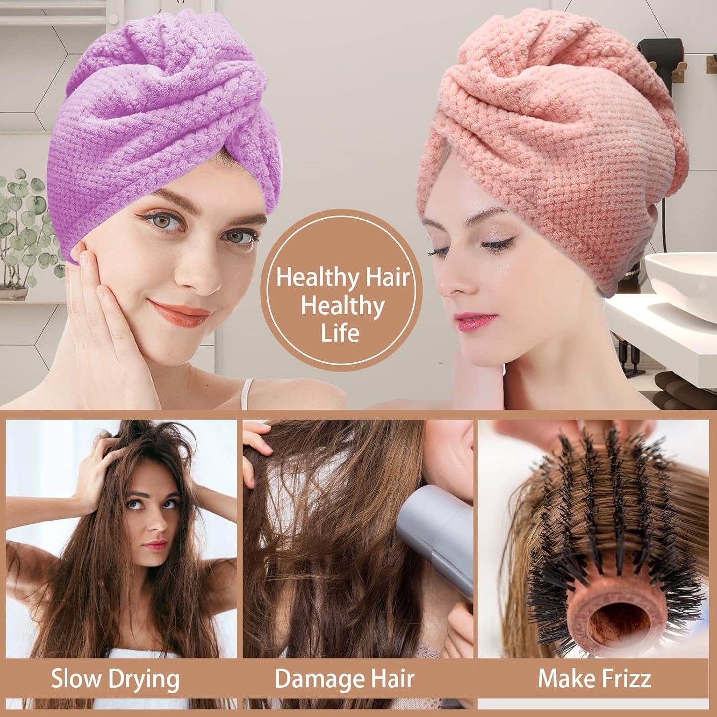 3er-Pack Mikrofaser-Haartuch, Haarturbane für nasse Haare, schnell trocknend, Anti-Frizz-Handtuchwickel für lockiges Haar (Beige, Khaki, Grau)