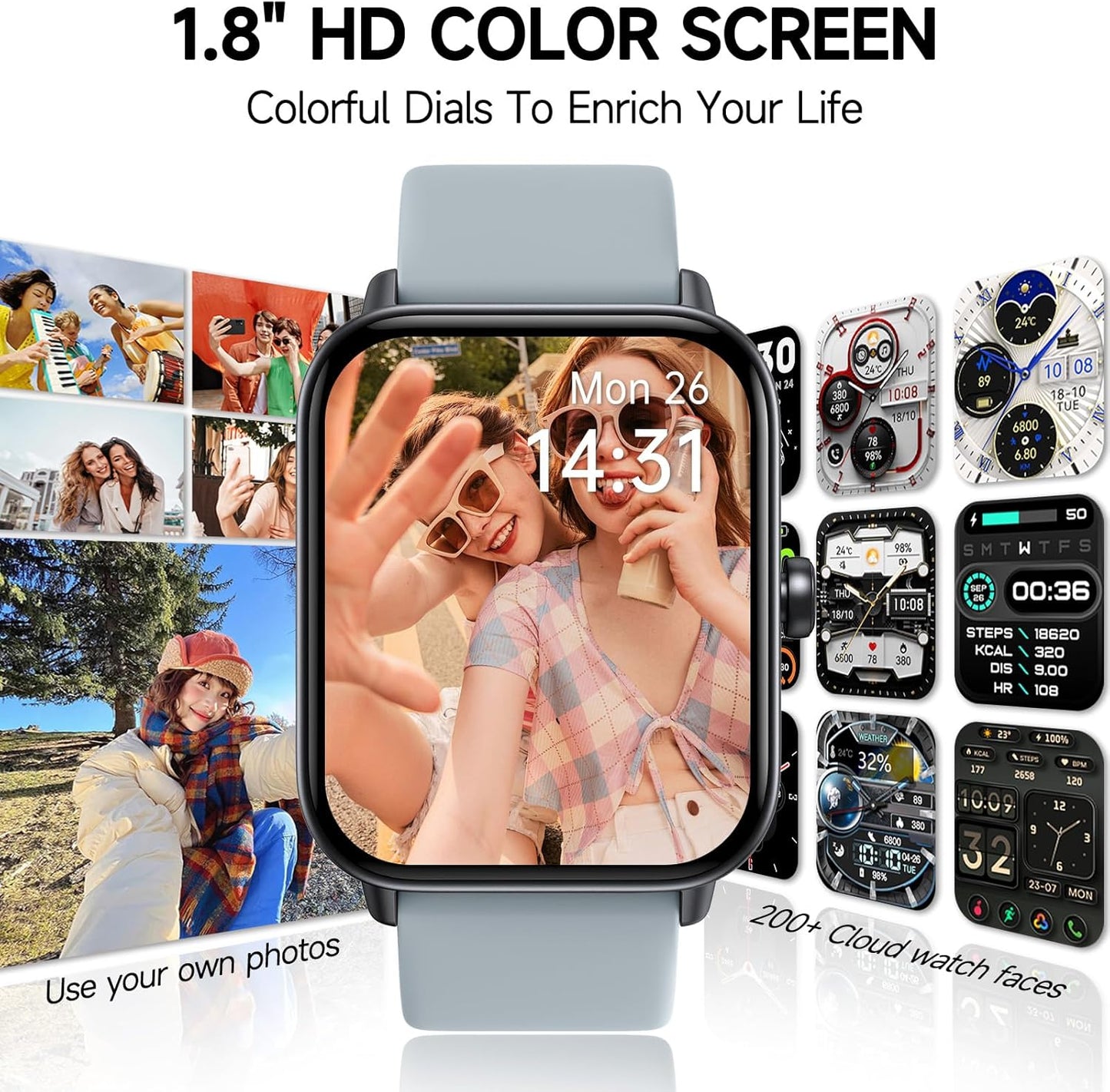 Smartwatch für Herren Damen (Anrufe entgegennehmen/tätigen), Alexa-Smartwatch kompatibel mit Android iOS, Fitness-Tracker mit Herzfrequenz-SpO2-Schlafmonitor, 1,8 Zoll HD DIY Zifferblatt Wasserdichte Uhr mit Bluetooth-Anruffunktion