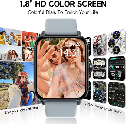 Smartwatch für Herren Damen (Anrufe entgegennehmen/tätigen), Alexa-Smartwatch kompatibel mit Android iOS, Fitness-Tracker mit Herzfrequenz-SpO2-Schlafmonitor, 1,8 Zoll HD DIY Zifferblatt Wasserdichte Uhr mit Bluetooth-Anruffunktion