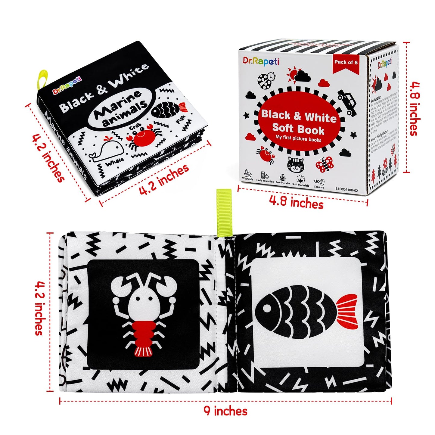 Dr.Rapeti Stoffbücher Babybücher Badebücher 6er-Pack für Babys Kleinkinder Kinder Raschelnd Quietschend Waschbar Beißfest Ungiftig Frühpädagogisch Geschenkbar