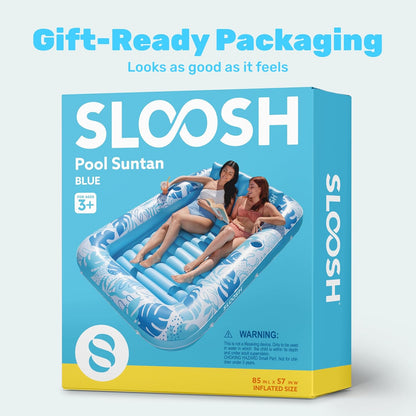 SLOOSH Inflatable Tanning Pool Lounger Float, 85" x 57" Extra Large Pool Floats Adult with Pillow, 4 in 1 Suntan Tub Raft Floatie,Sunbathing Bed Lounge for Water Blow Up Ball Pit Party Gifts, XL-Blue