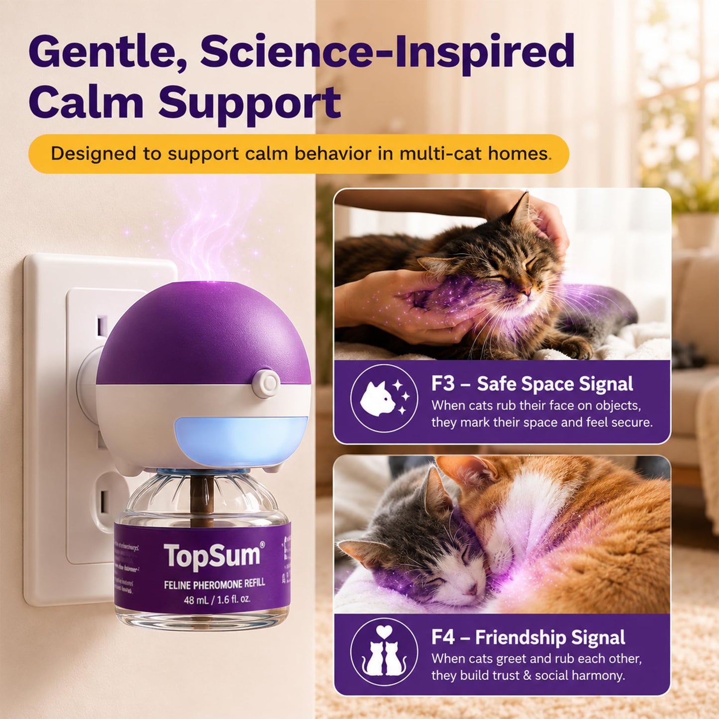 TopSum Cat Calming Pheromone Diffuser: Feline Pheromones Plug in for Stress, Alone At Home, Spraying, Fighting, Scratching, Aggression & Excessive Meowing (Purple– 6 Refills)