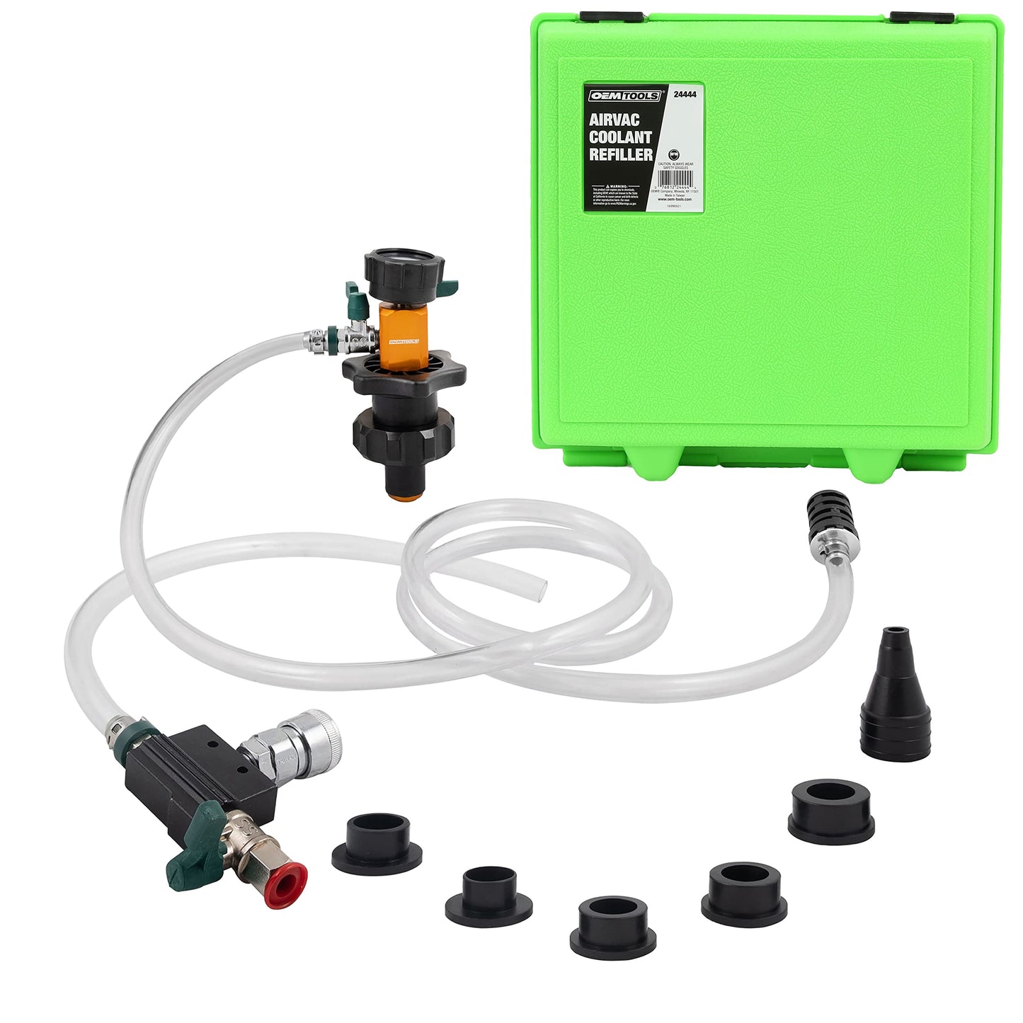 OEMTOOLS 24444 Coolant Vacuum Refill Kit, Coolant Pressure Tester Kit, 70–110 PSI Working Pressure, 5 Bushings, 1 Tapered Cone Adapter, Vacuum Leak Detector, Pressure Tester for Coolant System