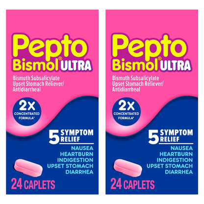 Pepto Bismol Ultra Caplets, Upset Stomach Relief, Nausea Relief, Heartburn Relief, Indigestion Relief, Anti Diarrhea Medication for Adults - 5 Symptom Relief, 48 ct (2x24 ct) (Pack of 12)