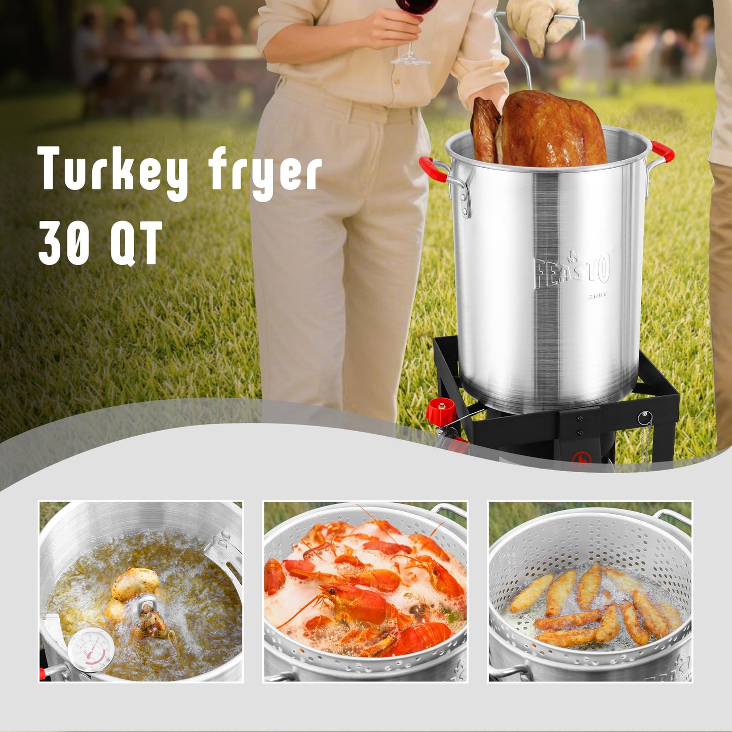 Feasto 10 Qt Outdoor Propane Gas Fish Fryer Pot Kit with Strainer Basket | Aluminum, 50,000 BTU Burner, Adjustable 0-5 PSI Regulator, Perfect for Boiling and Frying
