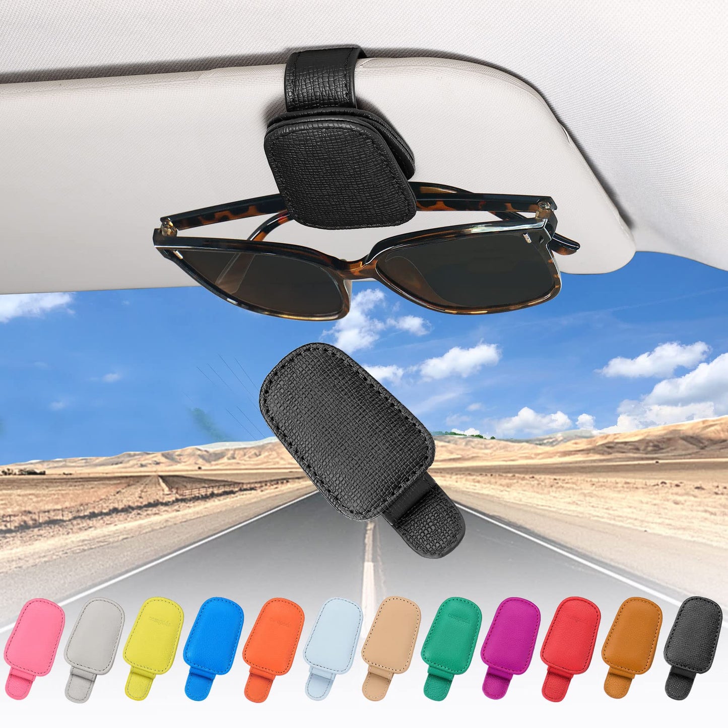 2 Packs Sunglasses Holder for Car Visor, Genuine Leather Car Sunglass Holder, Glasses Clip for Cars,Auto Interior Accessories Universal for SUV Pickup Truck (Black-(2 Pcs)