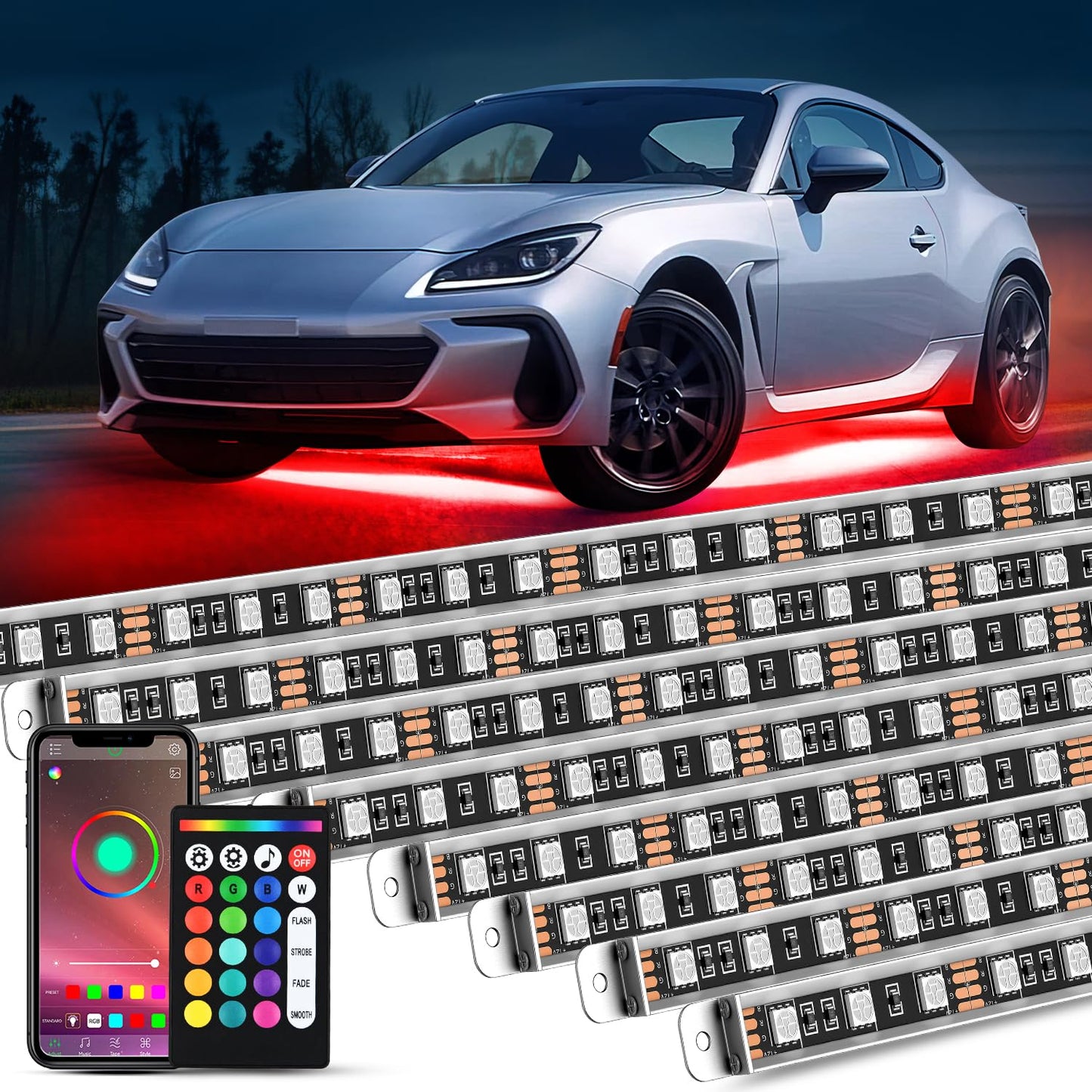 Nilight 4Pcs Car Underglow Neon Accent Strip Lights 252 LEDs RGB 8 Color Sound Active Function Music Mode with Wireless Remote Control Underbody Light Strips for Cars Van SUV Truck