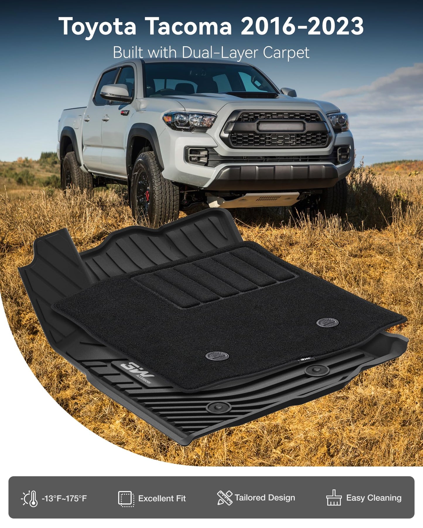 3W Floor Mats for Toyota Tacoma 2024 2025 2026 Double Cab Auto Tran(Not Fit Hybrid & XtraCab), TPE All Weather Custom Fit Floor Liner for Tacoma TRD/SR/SR5/limited Car Liners.