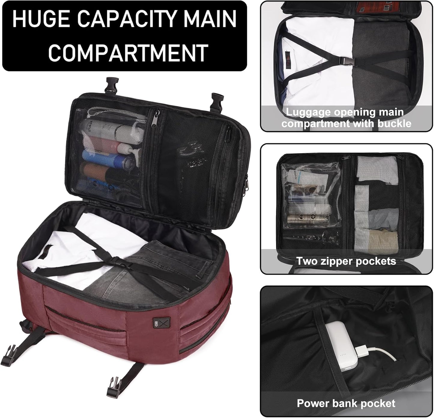 ECOHUB 16'' Reise-Rucksack Handgepäck Unterseat-Rucksack Persönlicher Gegenstand Flugzeug-Reisetasche mit 13 Taschen Handgepäck Flaschenhalter USB-Ladeanschluss Casual Daypack für Frauen Männer Schwarz