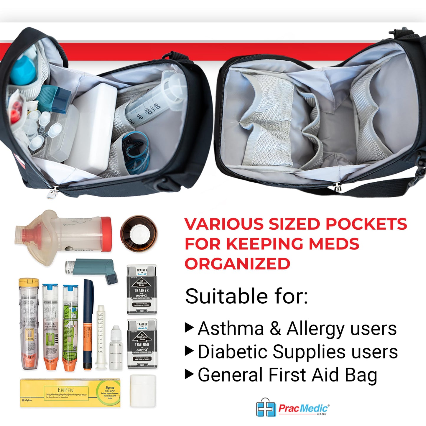 PracMedic Bags Travel Medicine Bag- First Aid Bags Empty or Epipen Carry Case for Insulin Pens, Pill Bottles, Diabetic Supply, Asthma Inhaler Spacer, Allergy Meds or First Aid Supplies (Red)