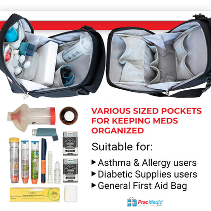 PracMedic Bags Travel Medicine Bag- First Aid Bags Empty or Epipen Carry Case for Insulin Pens, Pill Bottles, Diabetic Supply, Asthma Inhaler Spacer, Allergy Meds or First Aid Supplies (Red)