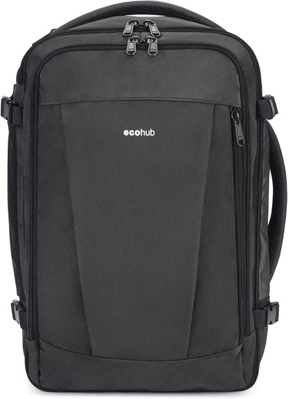 ECOHUB 16'' Reise-Rucksack Handgepäck Unterseat-Rucksack Persönlicher Gegenstand Flugzeug-Reisetasche mit 13 Taschen Handgepäck Flaschenhalter USB-Ladeanschluss Casual Daypack für Frauen Männer Schwarz