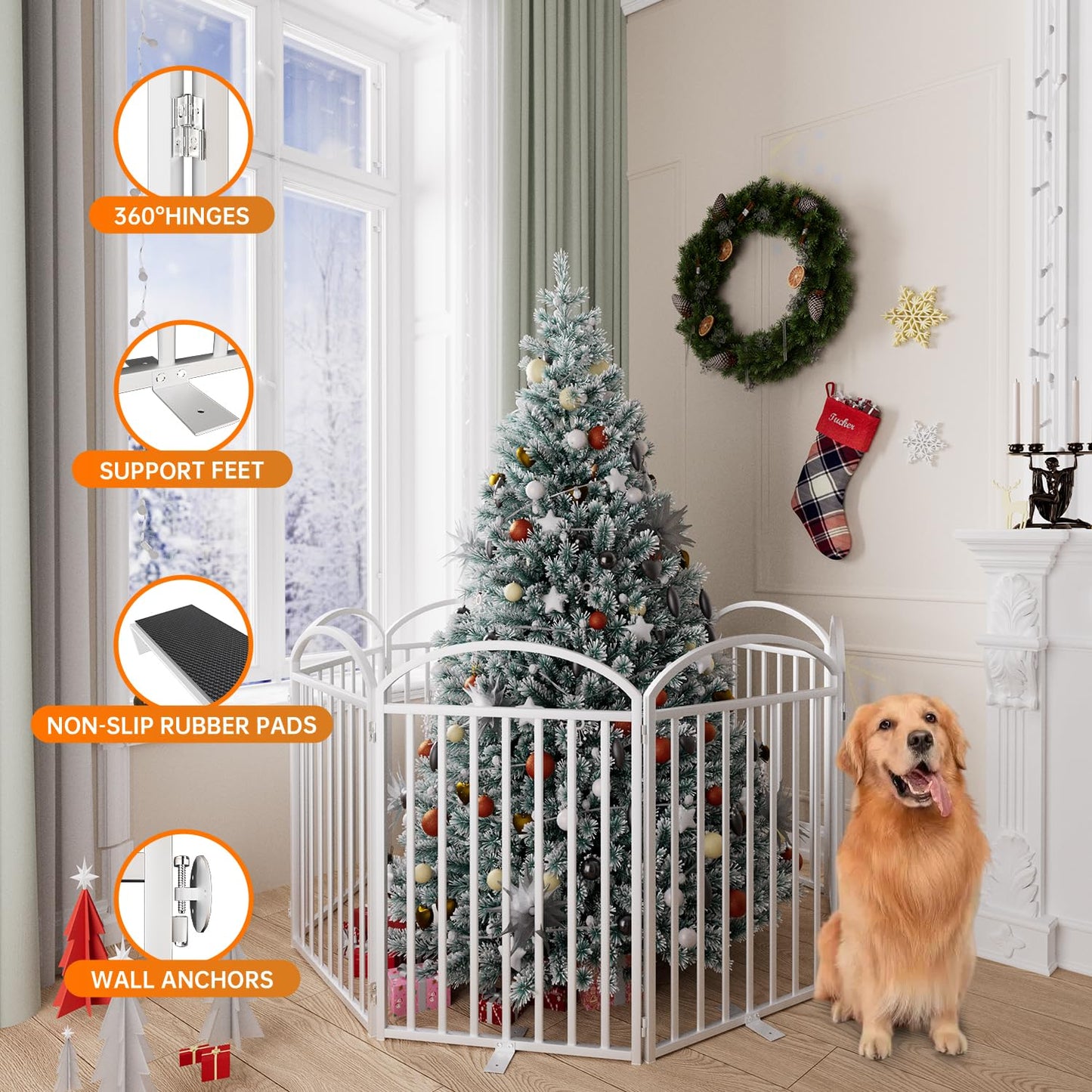 SNUOWU 4 Panels Full Matel Freestanding Dog Gates with Door, 96"Extra Wide 36"Tall Free Standing Dog Pet Gate for Indoor & Outdoor. Foldable Pet Fences for Doorways, House, Stairs, Porch, Deck, Yard