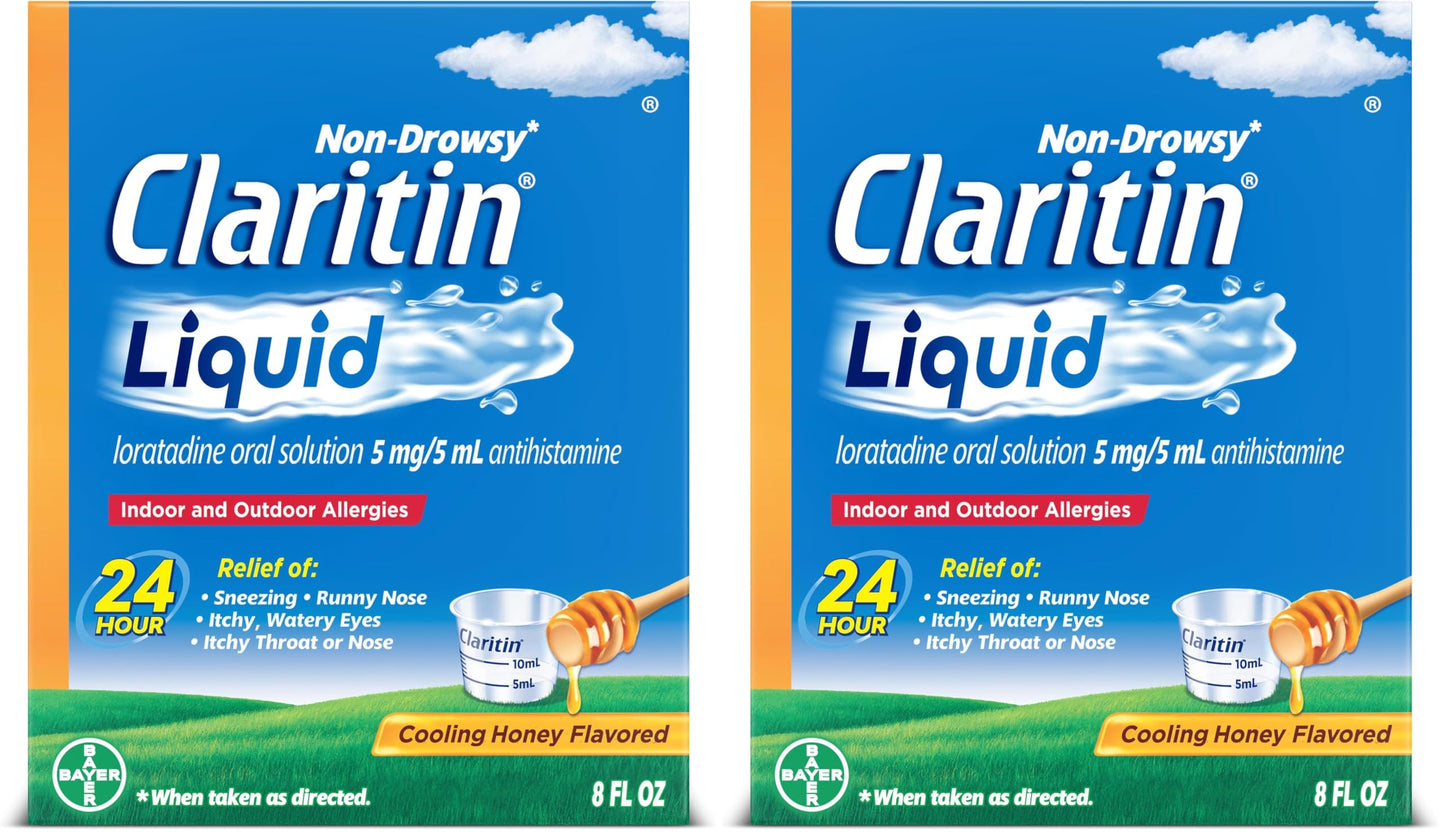 Claritin® Liquid, Allergy Medicine for Adults, 24-Hour Non-Drowsy Loratadine 5mg, Antihistamine, Cooling Honey Flavored, 8 fl. oz (Pack of 2)