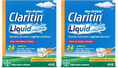 Claritin® Liquid, Allergy Medicine for Adults, 24-Hour Non-Drowsy Loratadine 5mg, Antihistamine, Cooling Honey Flavored, 8 fl. oz (Pack of 2)