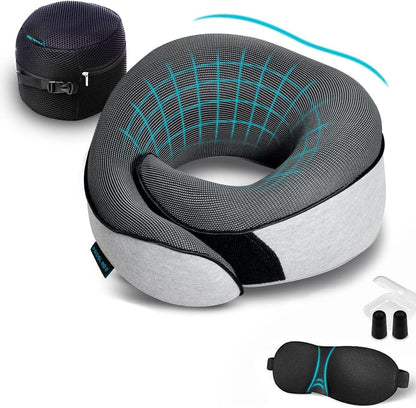 Proglobe Orthopedic Neck Pillow Travel Neck Pillows for Airplanes, Memory Foam Kit, Updated Resting Material, Airplane Travel Set with 3D Contoured Eye Masks, Earplugs, and Luxury Mesh Bag (Grey)