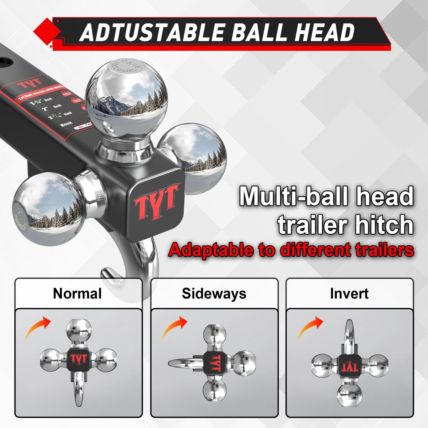 TYT Adjustable Truck Trailer Hitch for 2 inch Receiver, 6" Drop/Rise Tow Hitch with Dual Balls (2" & 2-5/16"), Compatible with Heavy-Duty Trailer Systems up to 20,000 lbs, Includes Hitch Tightener