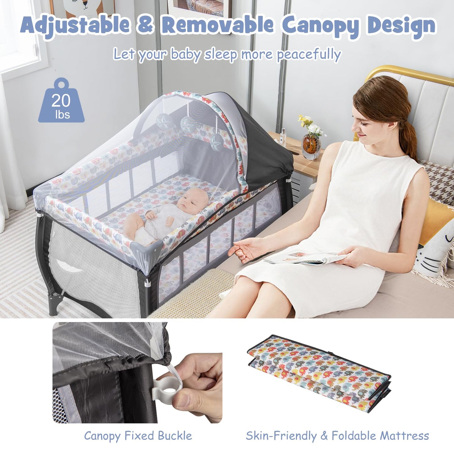BABY JOY 4 in 1 Pack and Play with Canopy, Portable Baby Playard with Bassinet, Double-Layer Baby Crib, Wheels & Brake, Foldable Baby Girl Pink Bassinet from Newborn to Toddler