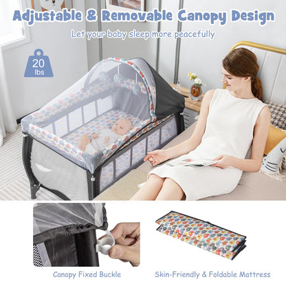 BABY JOY 4 in 1 Pack and Play with Canopy, Portable Baby Playard with Bassinet, Double-Layer Baby Crib, Wheels & Brake, Foldable Baby Girl Pink Bassinet from Newborn to Toddler