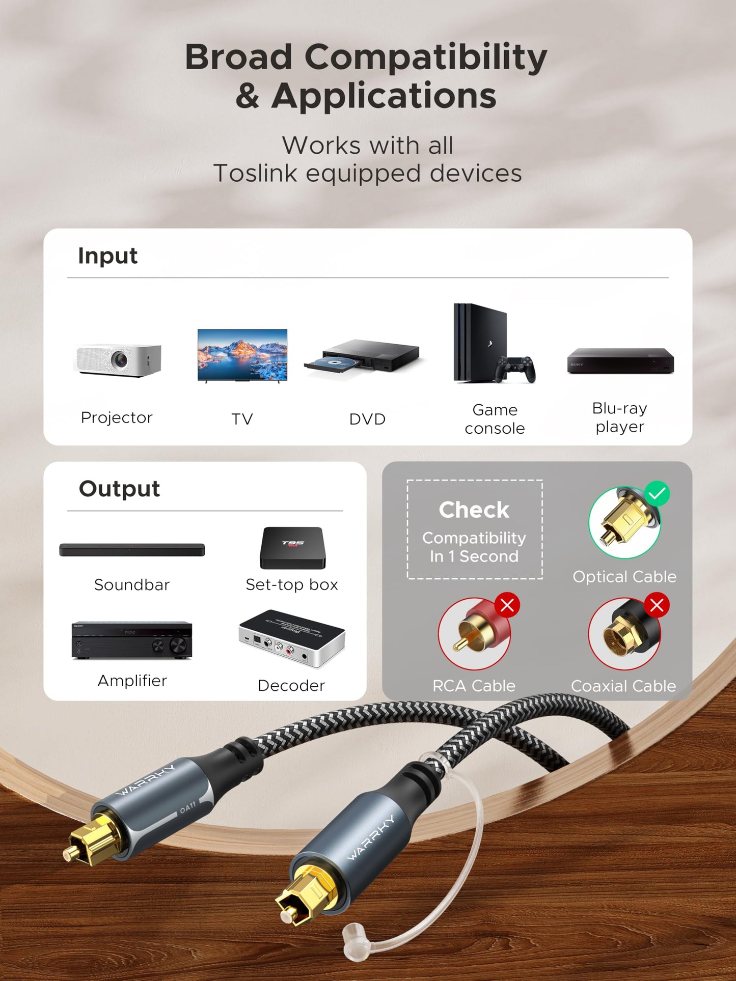 Warrky Optisches Audiokabel, 1,8 m Optisches Kabel für Soundbar, TV, Stereoanlagen, Heimkino [Nylon geflochten, schlankes Metallgehäuse], Glasfaser-Audiokabel für Samsung, Vizio, LG, Bose, Sony, Sonos
