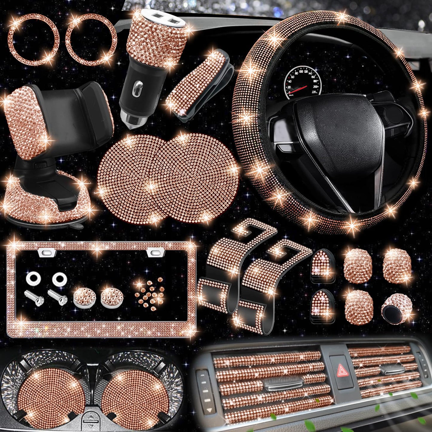 NBTEPEM 27-Piece Bling Car Accessories Set - Universal Fit Steering Wheel Covers, License Plate Frames, Phone Holder, Car Fast Charger, Coasters (Pink)