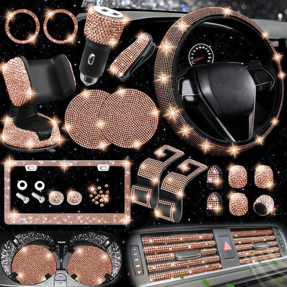 NBTEPEM 27-Piece Bling Car Accessories Set - Universal Fit Steering Wheel Covers, License Plate Frames, Phone Holder, Car Fast Charger, Coasters (Pink)