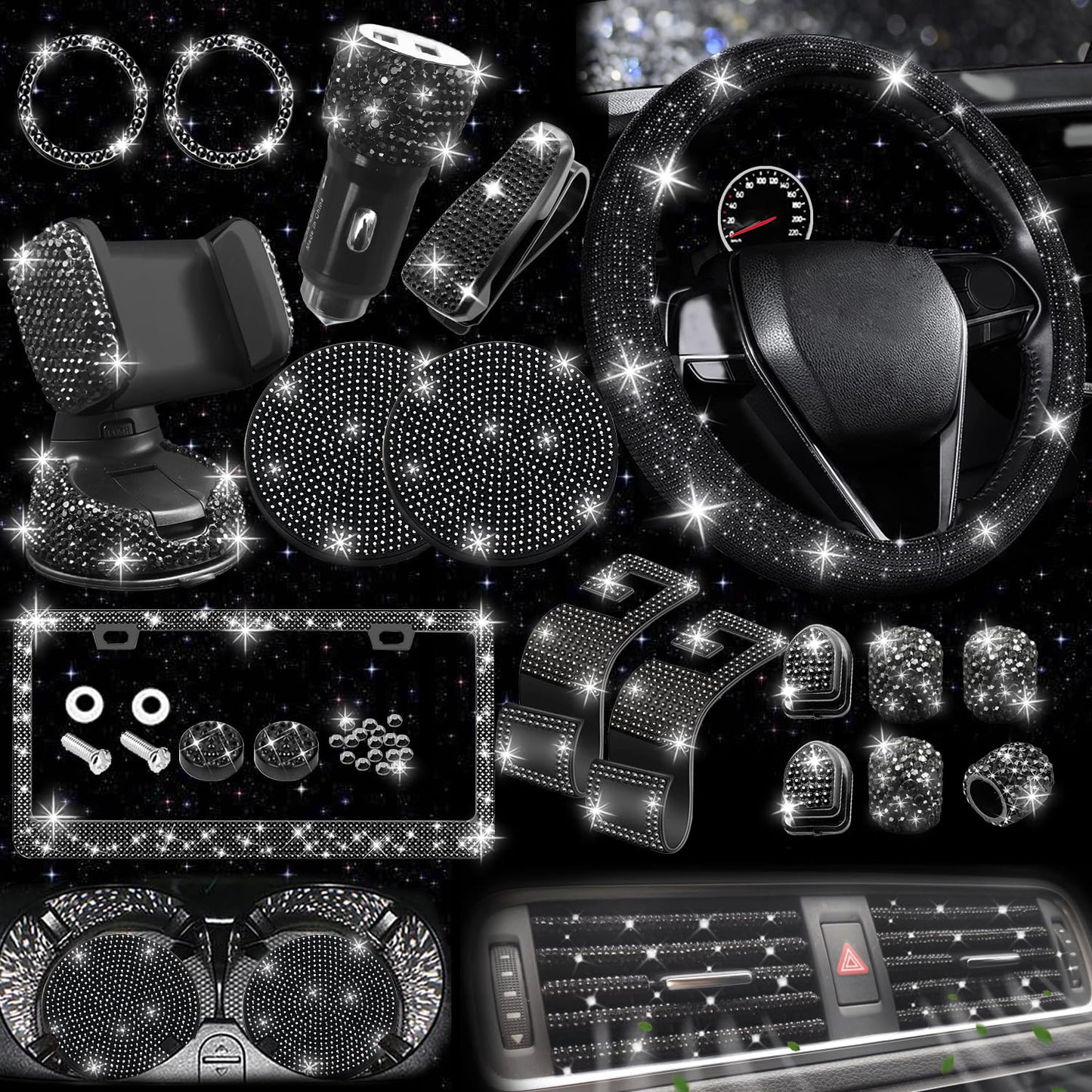 NBTEPEM 27-Piece Bling Car Accessories Set - Universal Fit Steering Wheel Covers, License Plate Frames, Phone Holder, Car Fast Charger, Coasters (Pink)