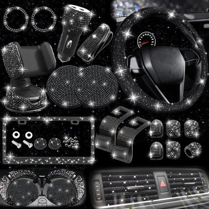 NBTEPEM 27-Piece Bling Car Accessories Set - Universal Fit Steering Wheel Covers, License Plate Frames, Phone Holder, Car Fast Charger, Coasters (Pink)