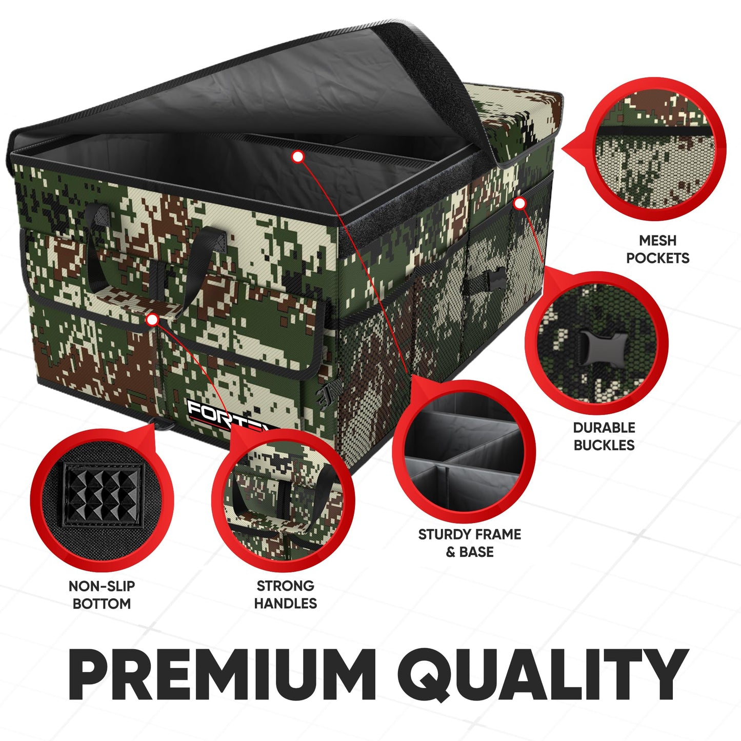 FORTEM Car Trunk Organizer, Collapsible Multi Compartment Car Organizer, Foldable SUV Storage for Car Accessories for Women Men, Non Slip Bottom, Securing Straps, Soft Cover 50L (Black, Standard)