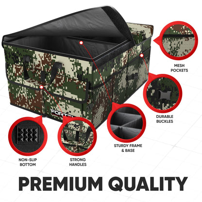 FORTEM Car Trunk Organizer, Collapsible Multi Compartment Car Organizer, Foldable SUV Storage for Car Accessories for Women Men, Non Slip Bottom, Securing Straps, Soft Cover 50L (Black, Standard)