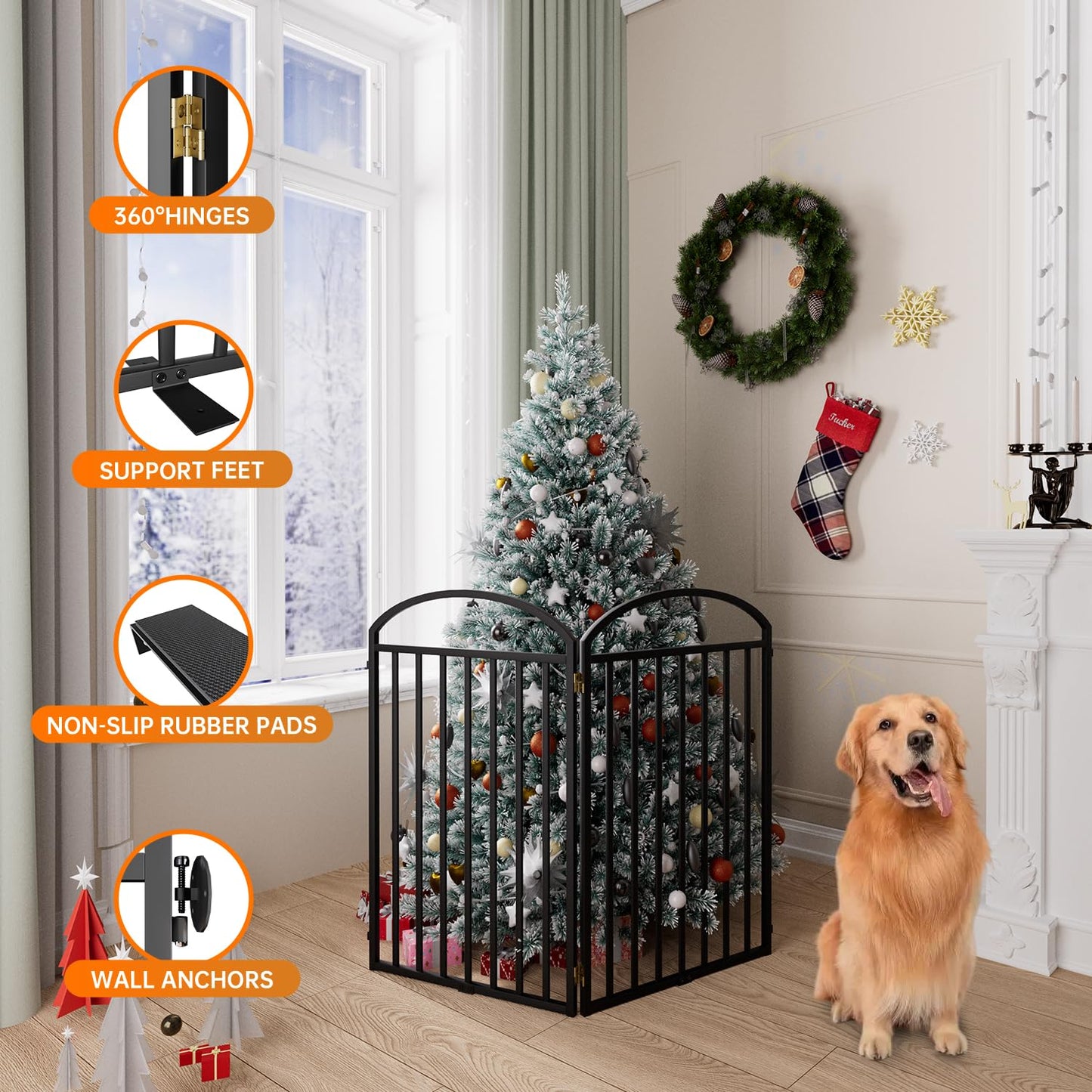 SNUOWU 4 Panels Full Matel Freestanding Dog Gates with Door, 96"Extra Wide 36"Tall Free Standing Dog Pet Gate for Indoor & Outdoor. Foldable Pet Fences for Doorways, House, Stairs, Porch, Deck, Yard
