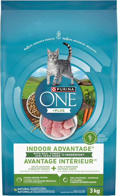Purina ONE +Plus Trockenfutter für Katzen, Indoor Advantage Truthahn – 3-kg-Beutel