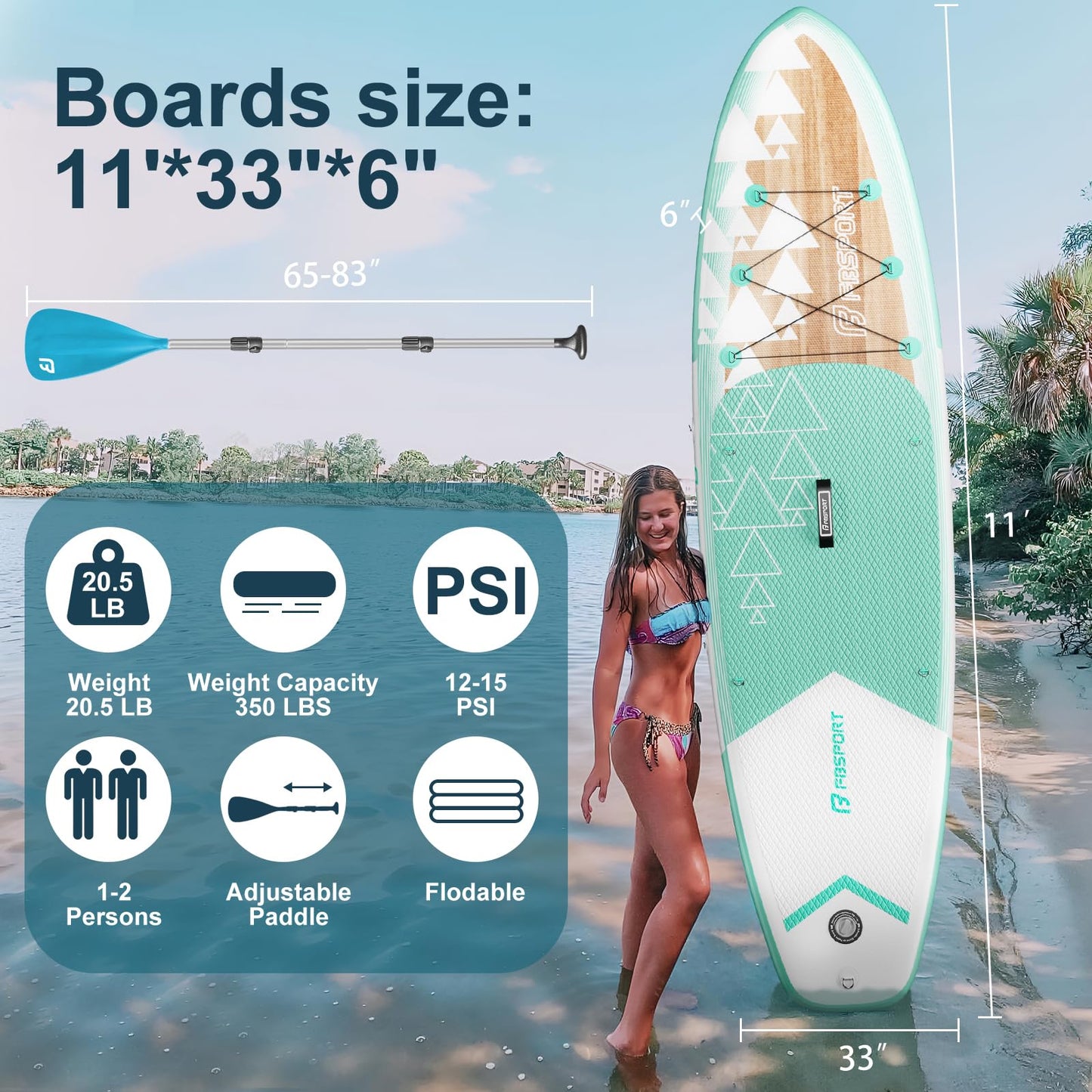 FBSPORT 11' Premium Stand Up Paddle Board, Yoga Board with SUP Accessories & Carry Bag | Wide Stance, Surf Control, Non-Slip Deck, Leash, Paddle and Pump for Youth & Adult